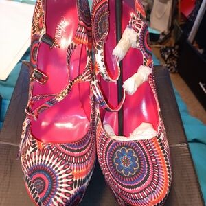 Vibrant Multi-Color Patterned Mary Jane Heels with Pink Insole